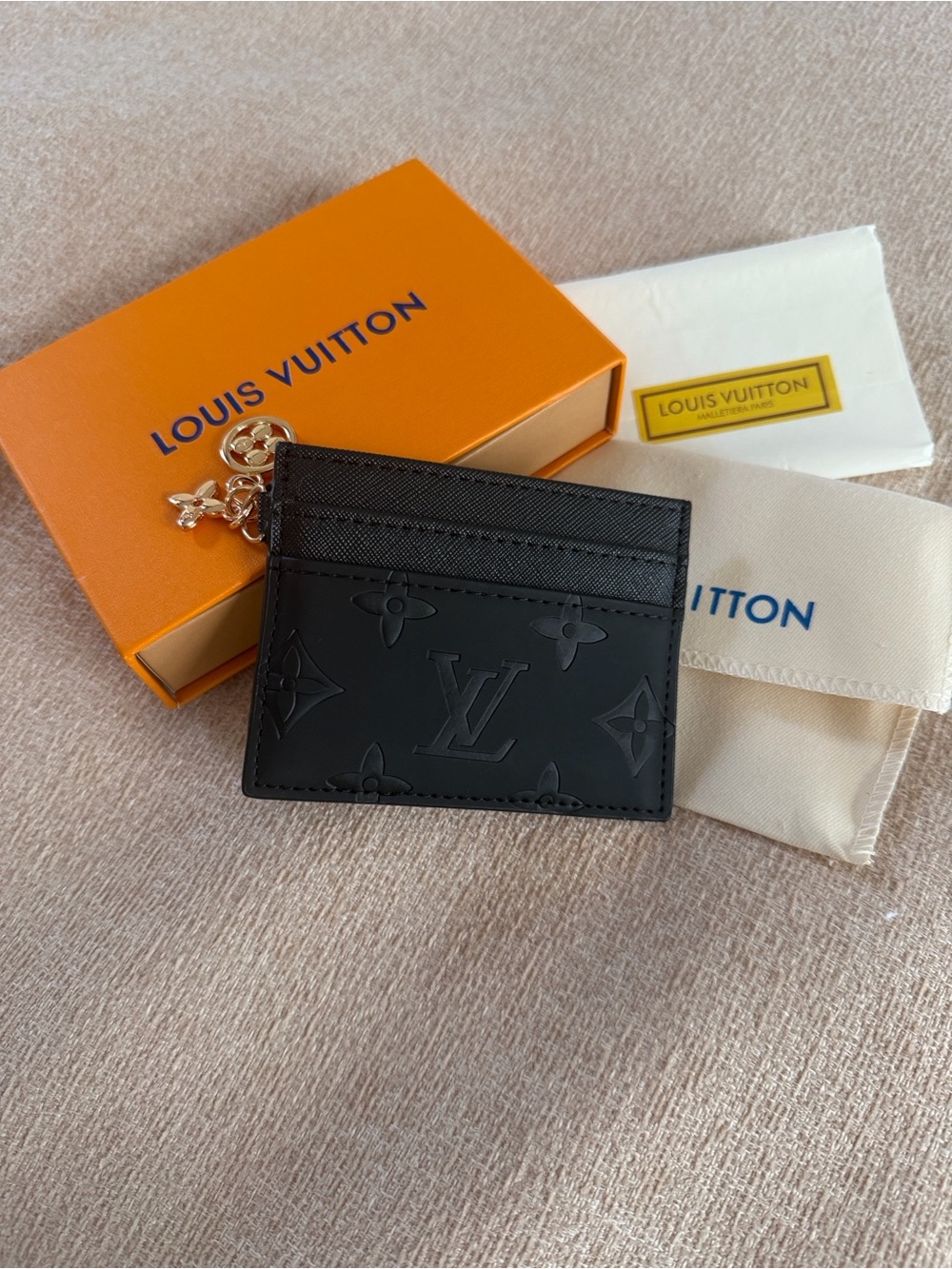 Louis Vuitton Black Monogram Embossed Leather Card Holder with Gold Charm